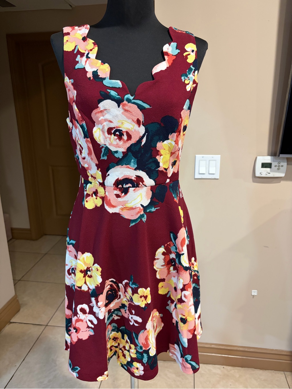Scallop Neck Burgundy Floral Mini Dress